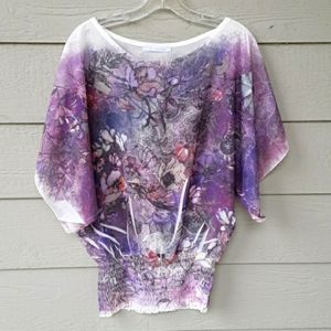 CHARLOTTE RUSAE Short Sleeve Flowy Floral Blouse